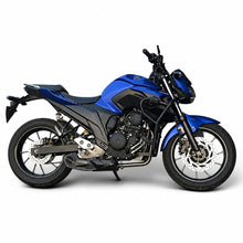 Carregar imagem no visualizador da galeria, Motocicleta Yamaha FZ25 azul com escapamento esportivo RockStar Performance Mexx Taylor Made instalado