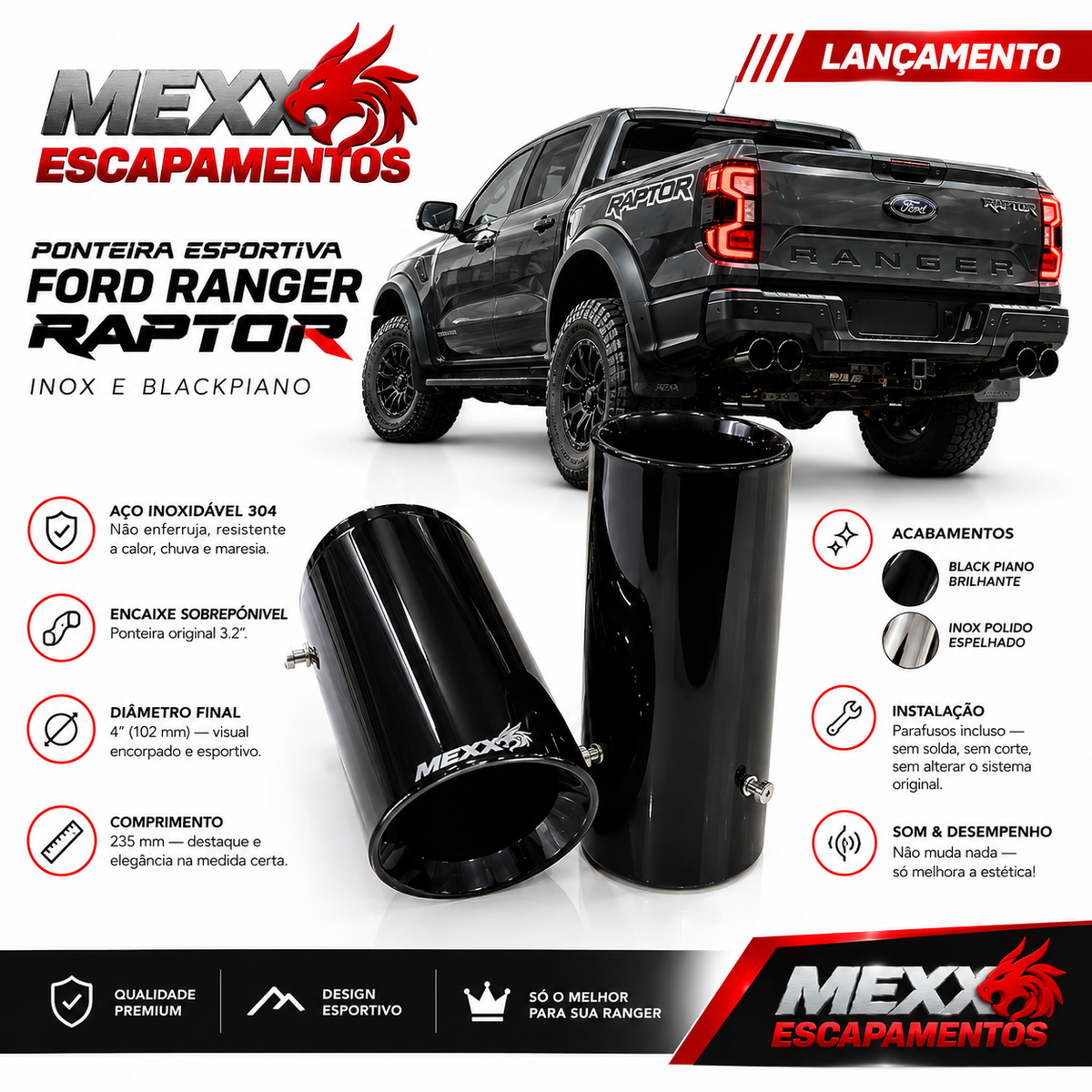 Ponteira esportiva Mexx para Ford Ranger Raptor em inox 304, acabamentos Black Piano e Inox Polido