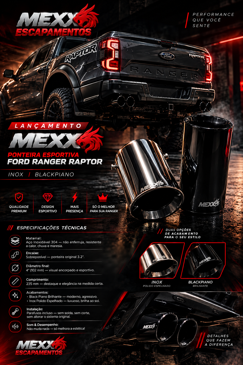 Ficha de especificacoes tecnicas da ponteira Mexx para Ranger Raptor