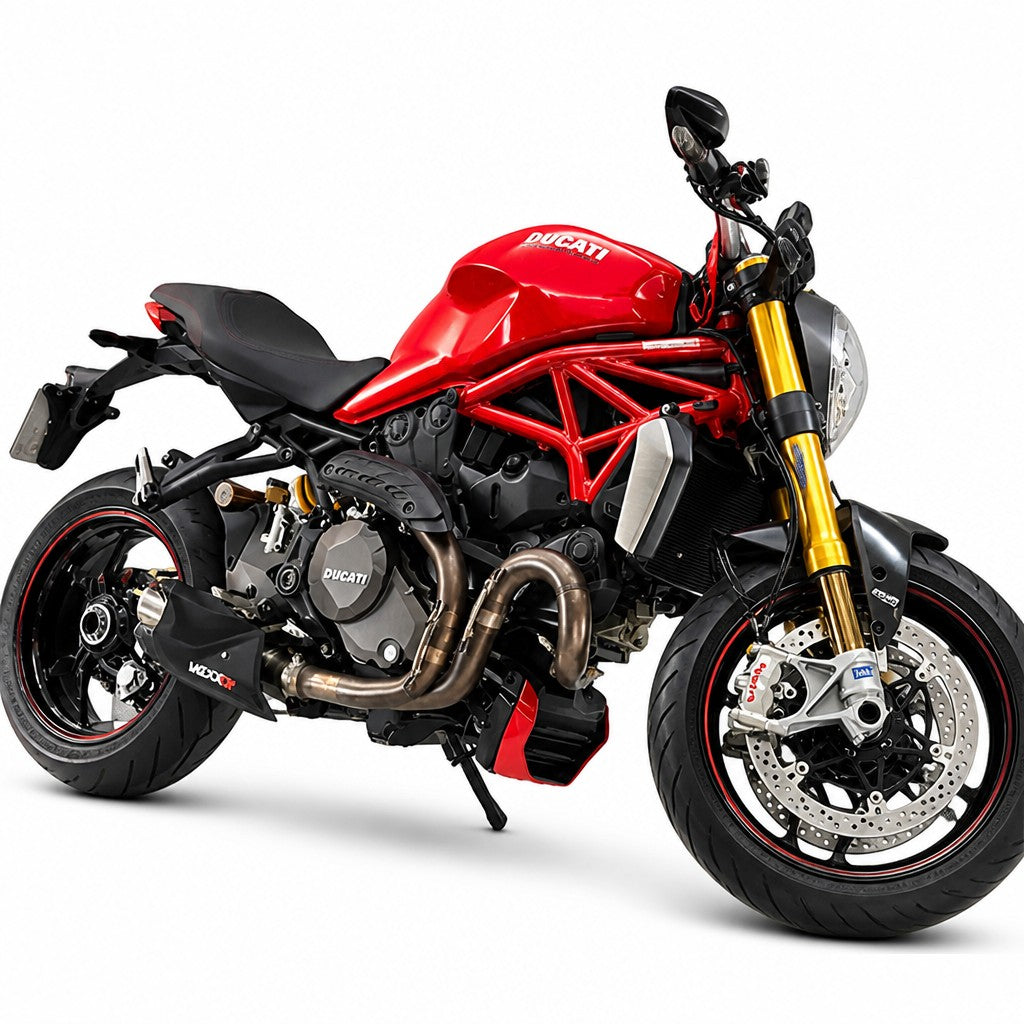 Ponteira de escapamento esportivo Mexx Taylor Made em aço inox instalada em uma moto Ducati Monster vermelha
