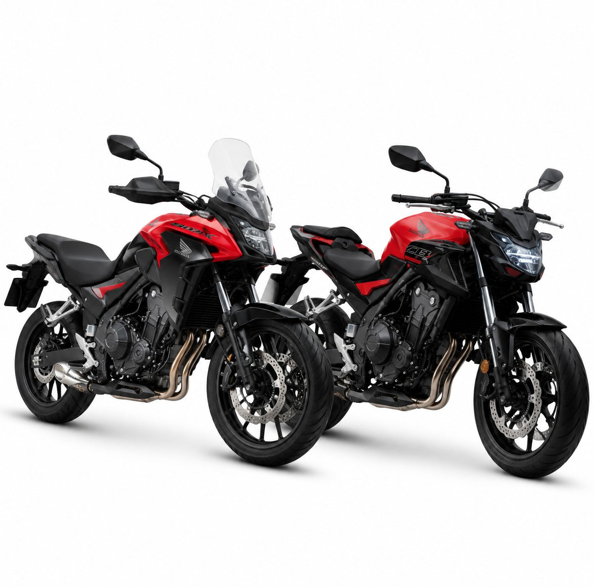 Duas motocicletas Honda CB 500F vermelhas e pretas equipadas com escapamento esportivo RockStar Performance