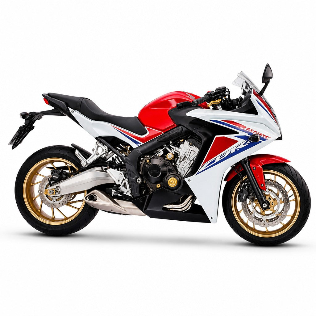 Moto Honda CBR650R com escapamento esportivo Mexx Performance em aço inox, design tricolor e rodas douradas