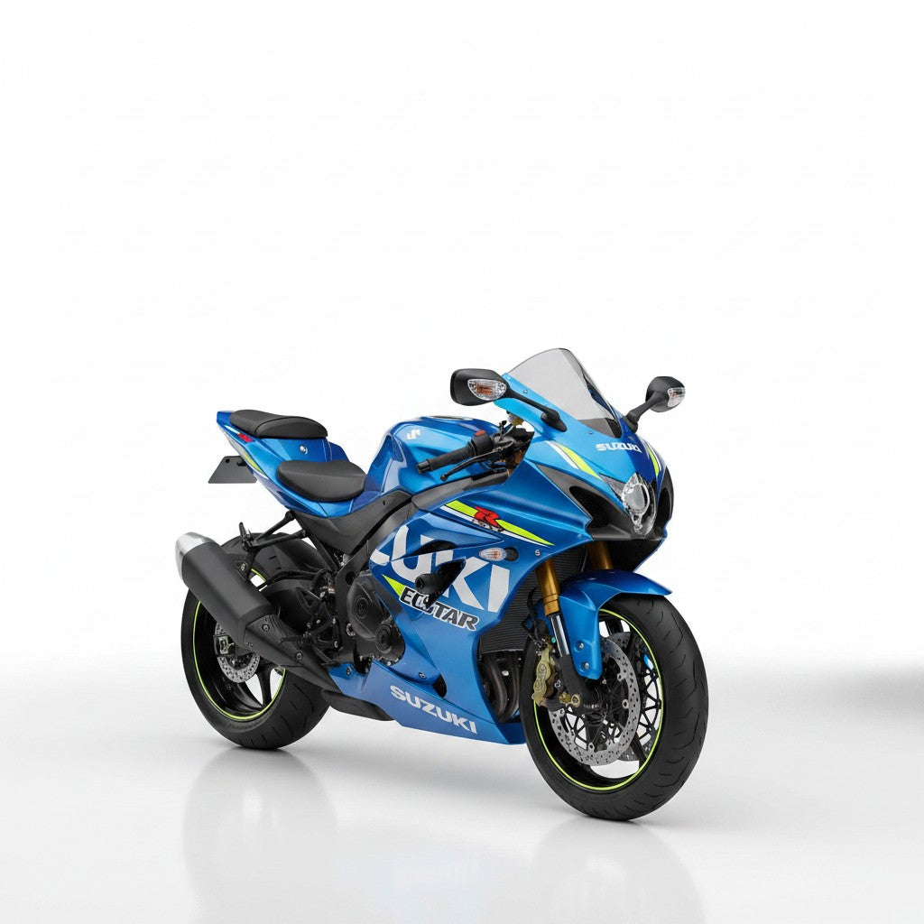 Motocicleta Suzuki GSXR 1000 Srad azul com escapamento esportivo RockStar Performance instalado