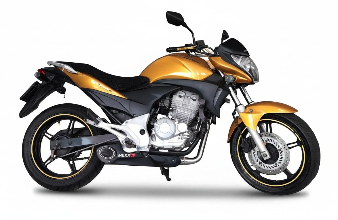 Motocicleta Honda CB 300R dourada com escapamento esportivo RockStar Performance Mexx Taylor Made instalado