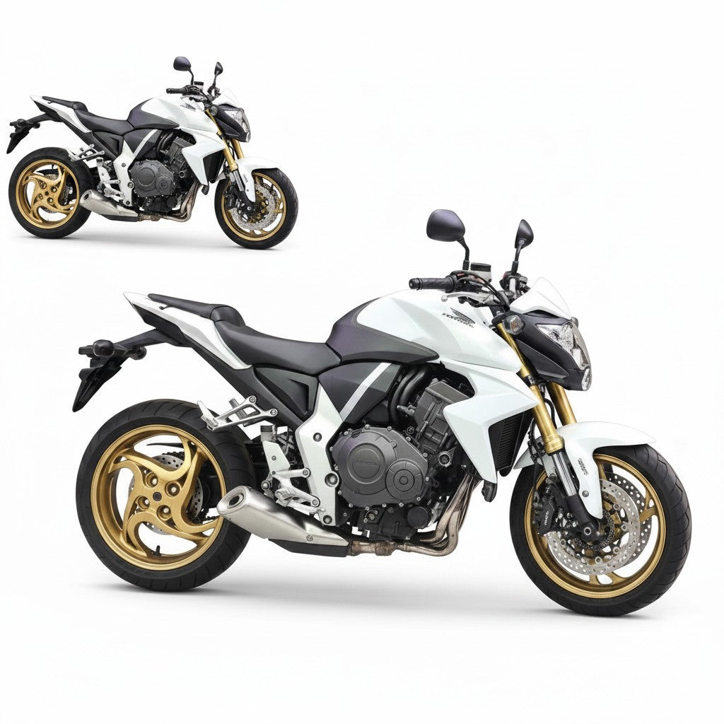 Escapamento esportivo RockStar Performance Taylor Made em moto Honda CB1000R branca com rodas douradas
