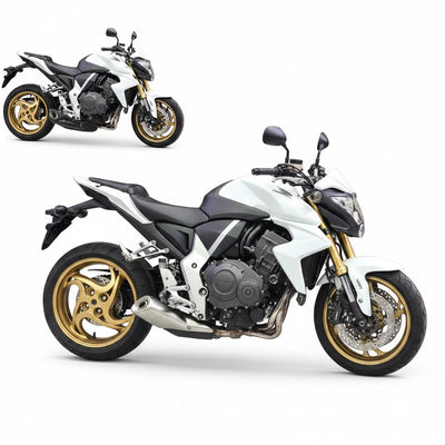 Motocicleta Honda CB1000R branca com rodas douradas equipada com escapamento esportivo RockStar Performance Taylor Made