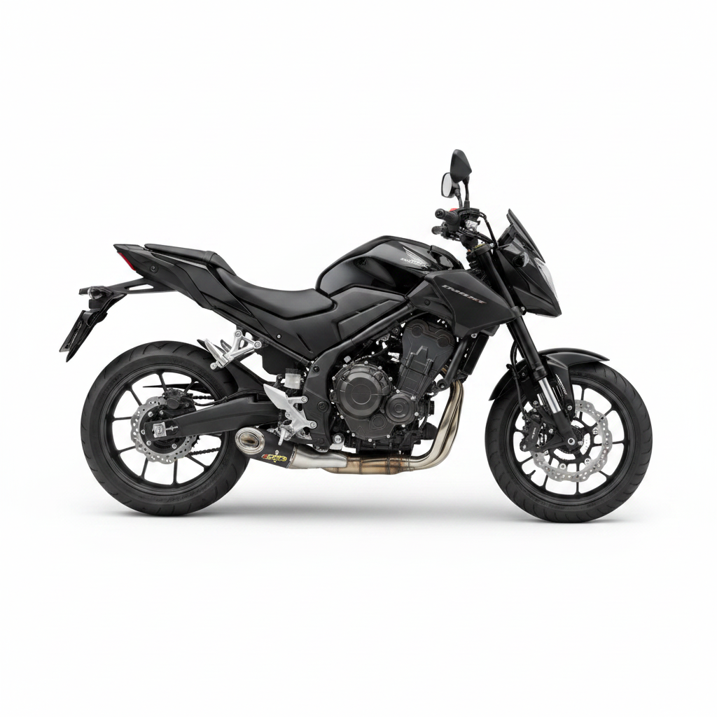 Motocicleta preta equipada com escapamento esportivo RockStar Performance Mexx Taylor Made em fundo branco