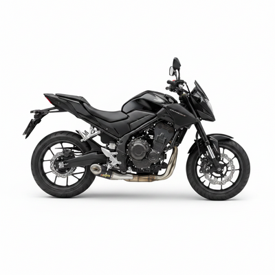 Motocicleta preta equipada com escapamento esportivo RockStar Performance Mexx Taylor Made em fundo branco