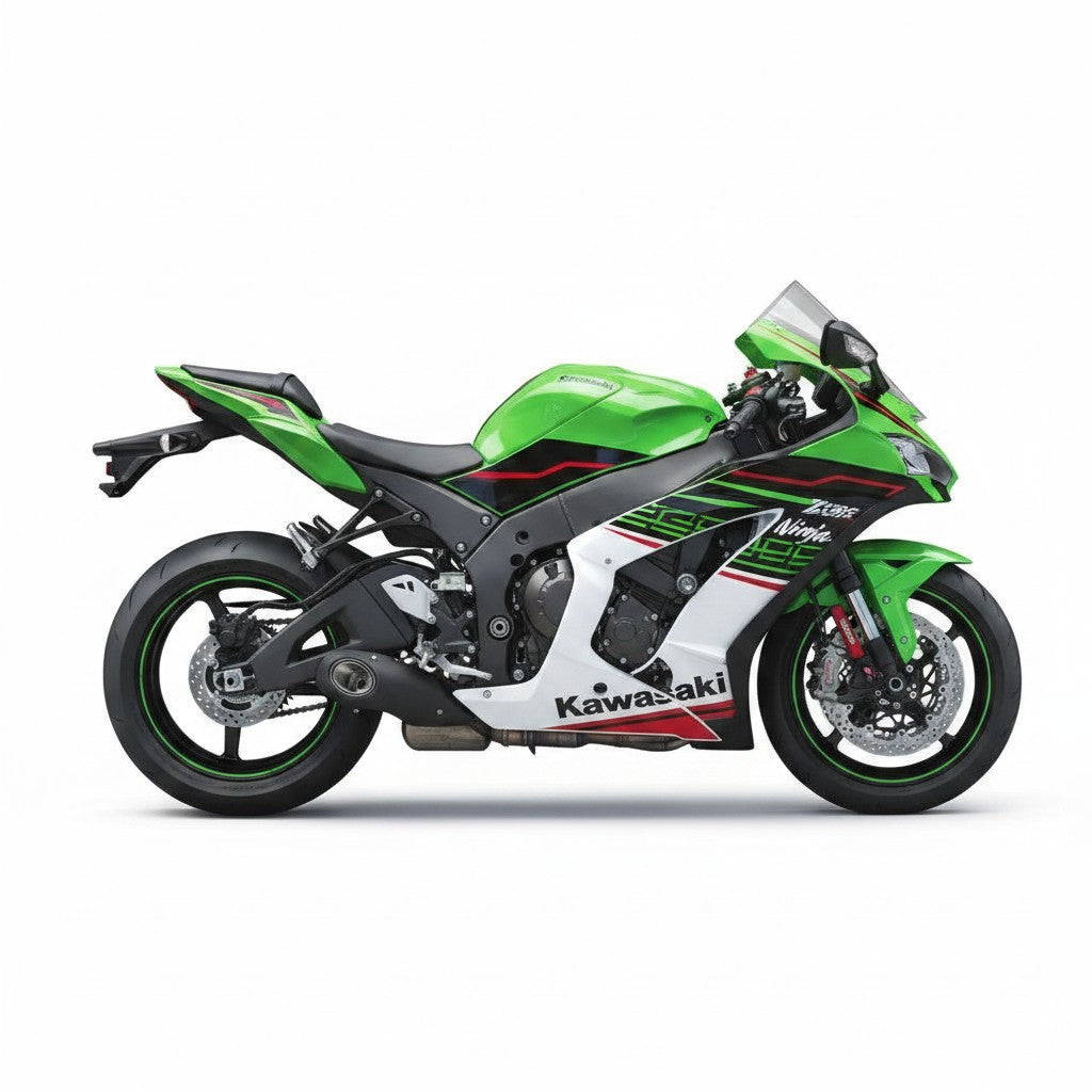 Escapamento esportivo RockStar Performance Mexx em aço inox instalado em uma moto Kawasaki ZX10 verde e branca