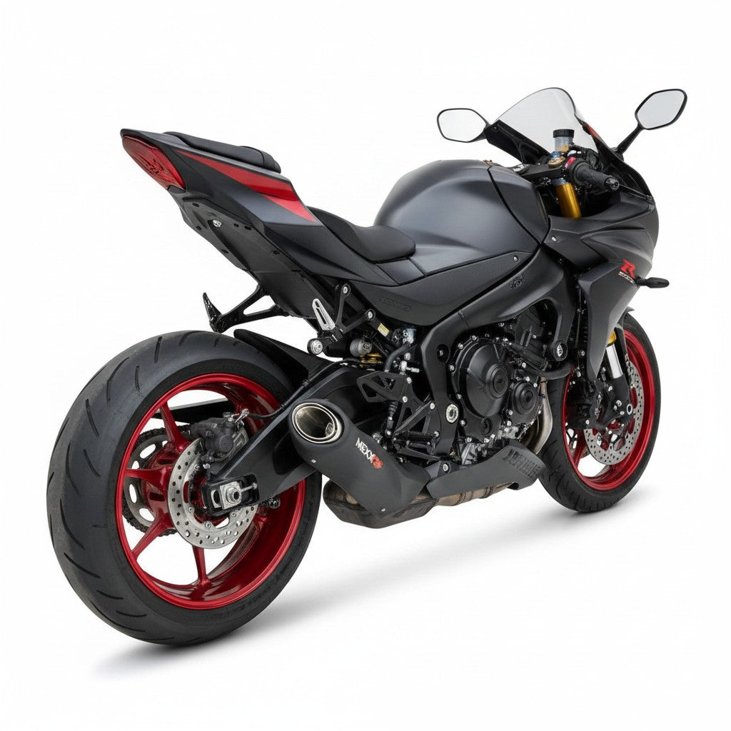 Ponteira esportiva RockStar Performance Mexx em aço inox preta instalada em moto Suzuki GSXR 1000 SRAD