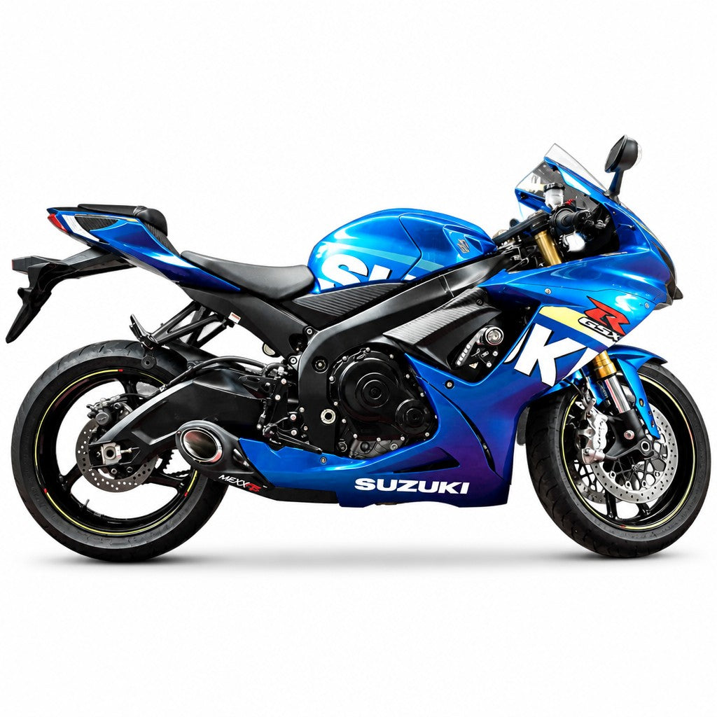 Moto Suzuki Srad azul com escapamento esportivo RockStar Performance Mexx em aço inox instalado