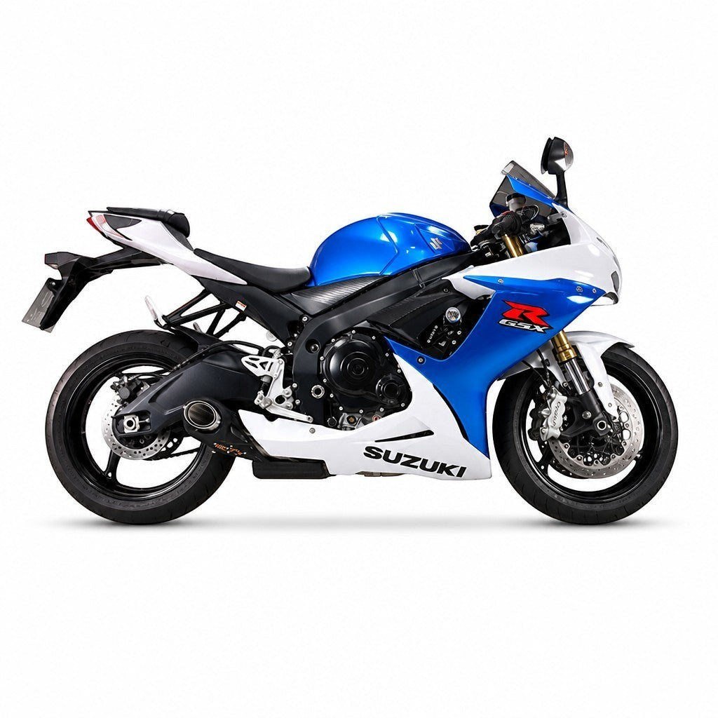 Moto Suzuki GSX-R Srad 750 azul e branca com escapamento esportivo RockStar Performance instalado