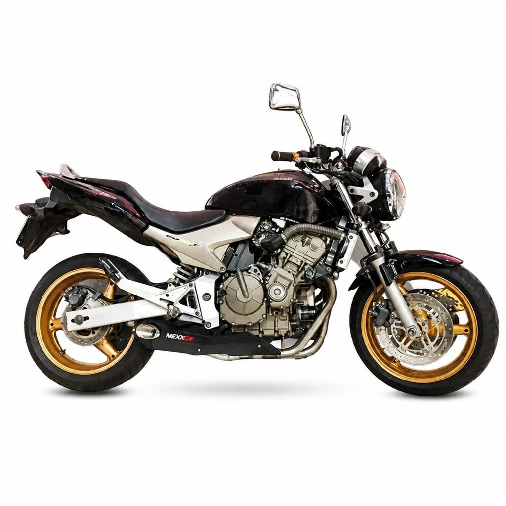 Moto Honda Hornet carburada preta com escapamento esportivo RockStar Performance em aço inox e rodas douradas