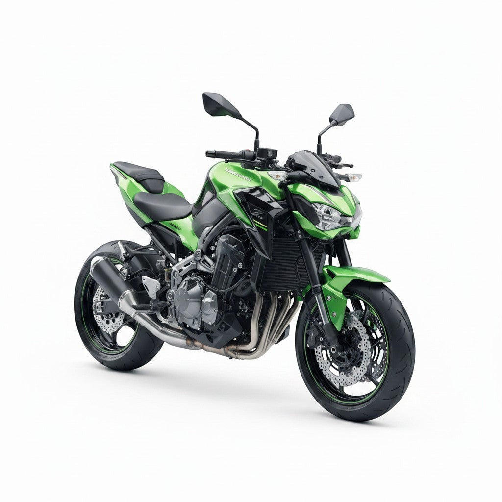 Moto Kawasaki Z900 verde com escapamento esportivo RockStar Performance em aço inox instalado