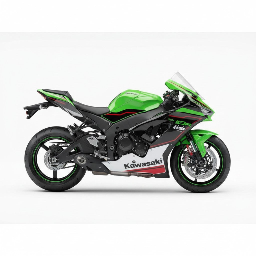 Motocicleta Kawasaki ZX10 verde e preta com escapamento esportivo RockStar Performance instalado em fundo branco