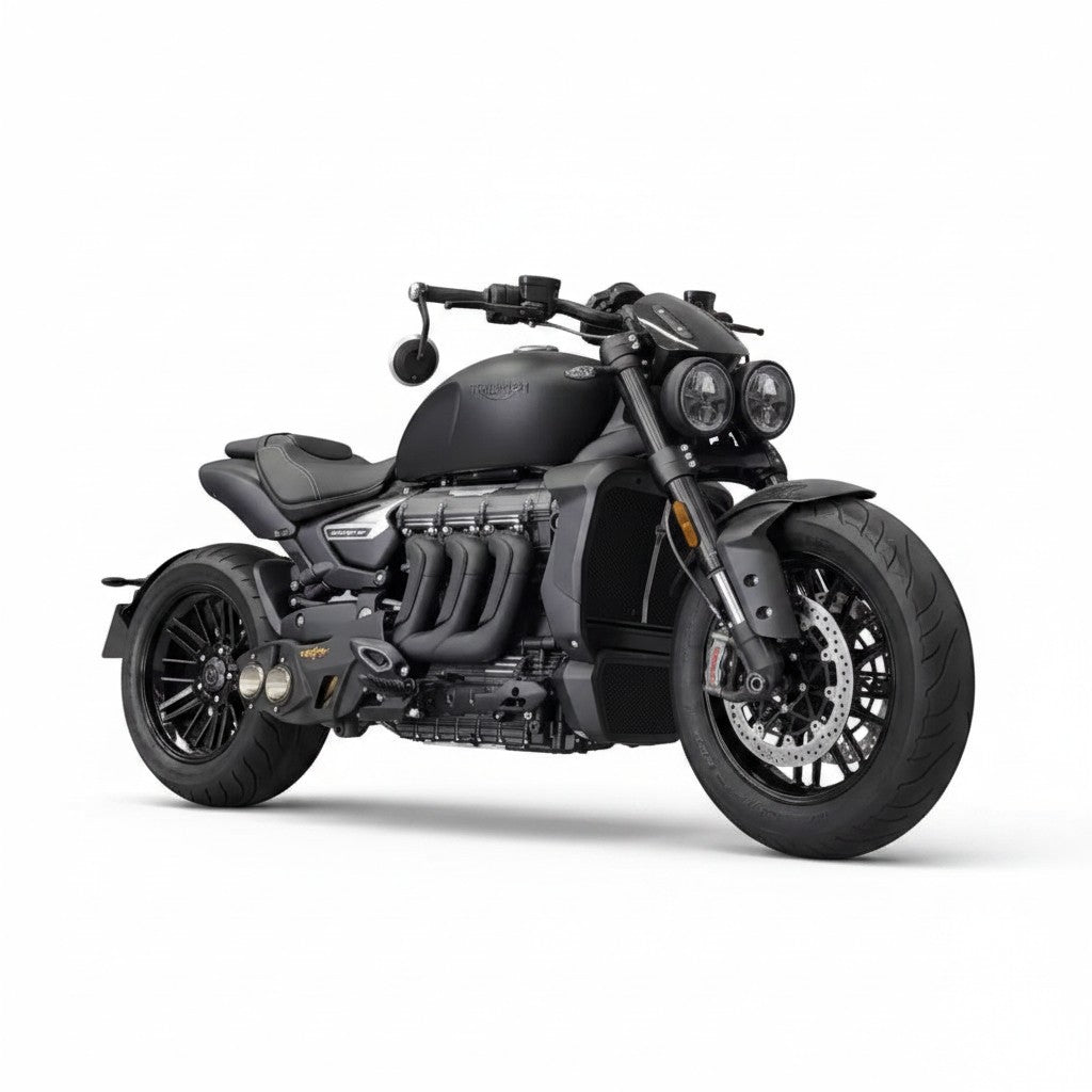Motocicleta Triumph Rocket 3 preta com escapamento esportivo RockStar Performance em inox e design agressivo