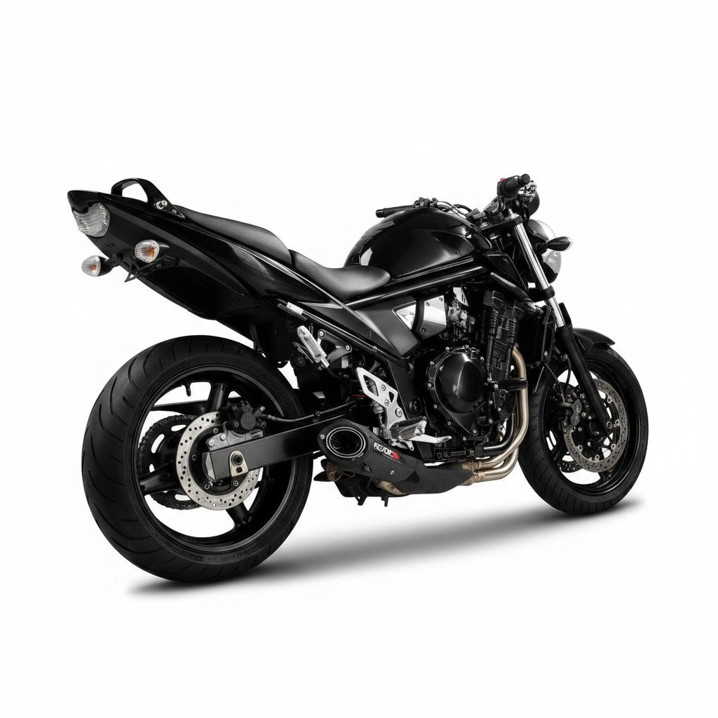 Ponteira esportiva RockStar Performance em aço inox instalada em moto Bandit preta com design de alto fluxo