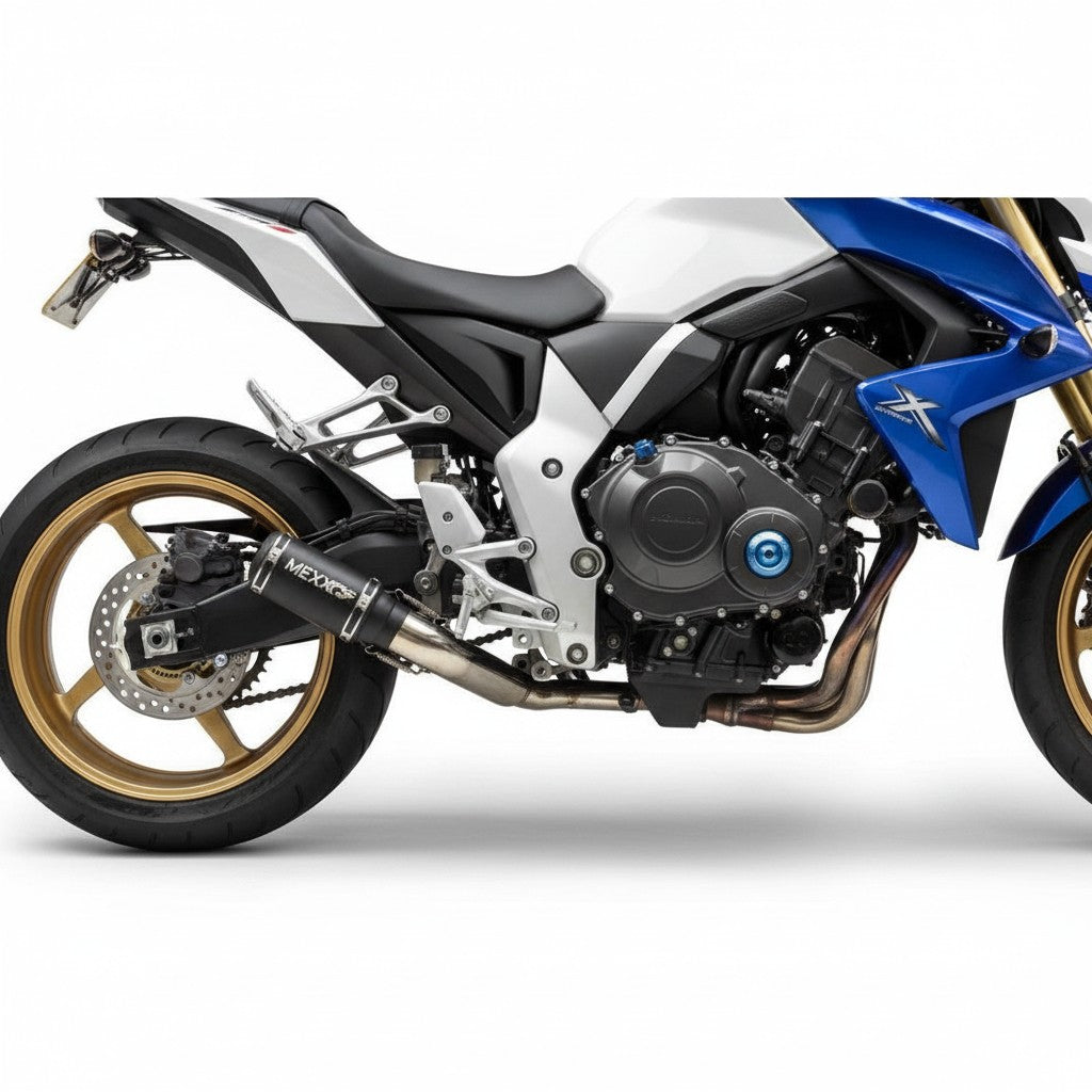 Ponteira esportiva RockStar Performance Mexx em aço inox instalada em moto Honda CB 1000R com acabamento premium