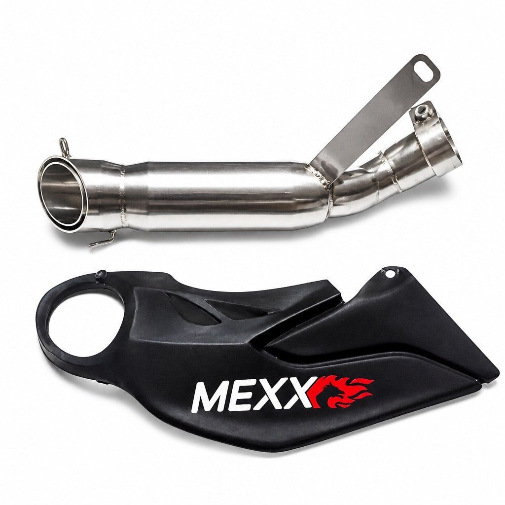 Ponteira esportiva RockStar Performance em aço inox para Gsx-R com capa protetora preta e logo Mexx