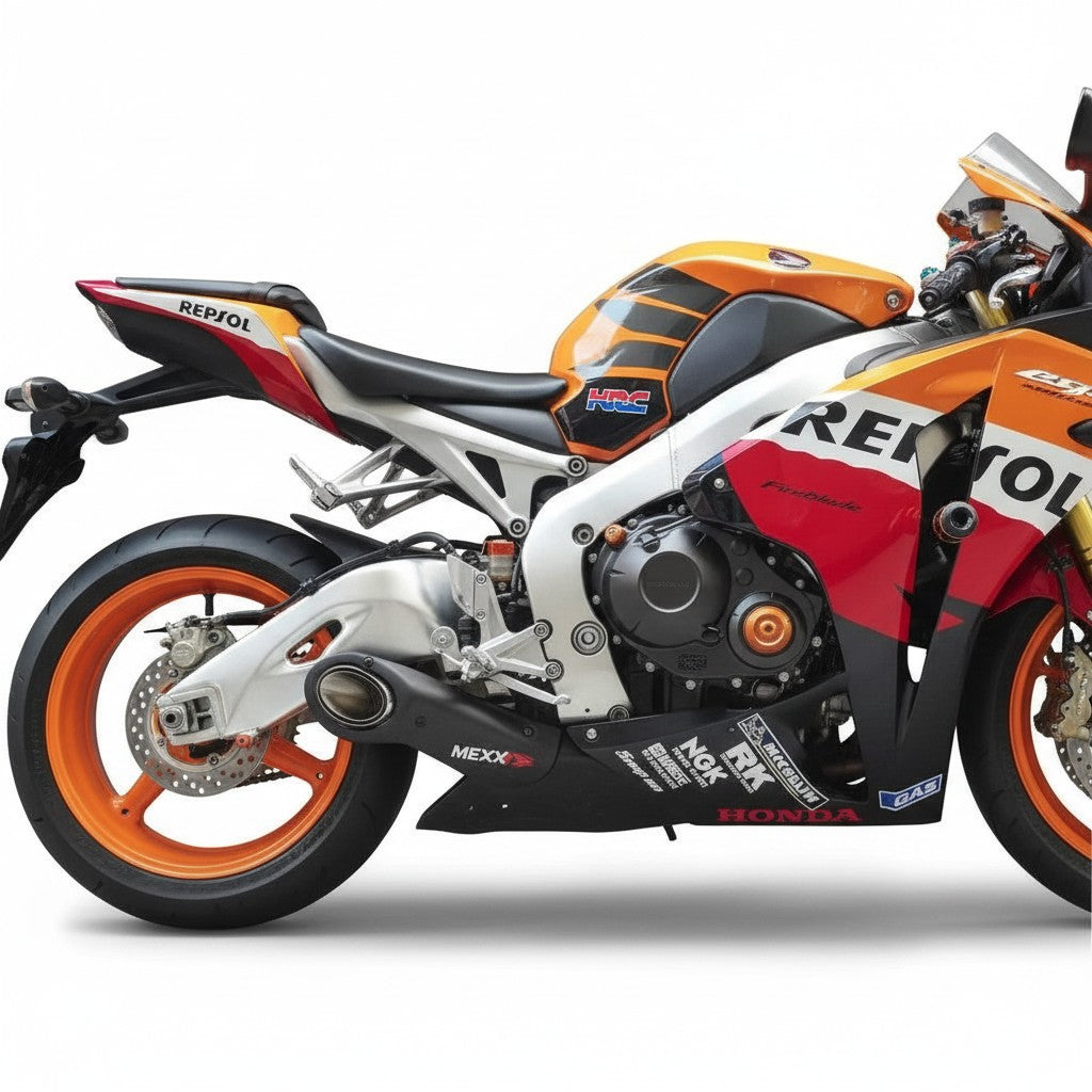 Ponteira esportiva RockStar Performance Mexx em aço inox instalada em moto Honda CBR 1000RR Repsol com design esportivo
