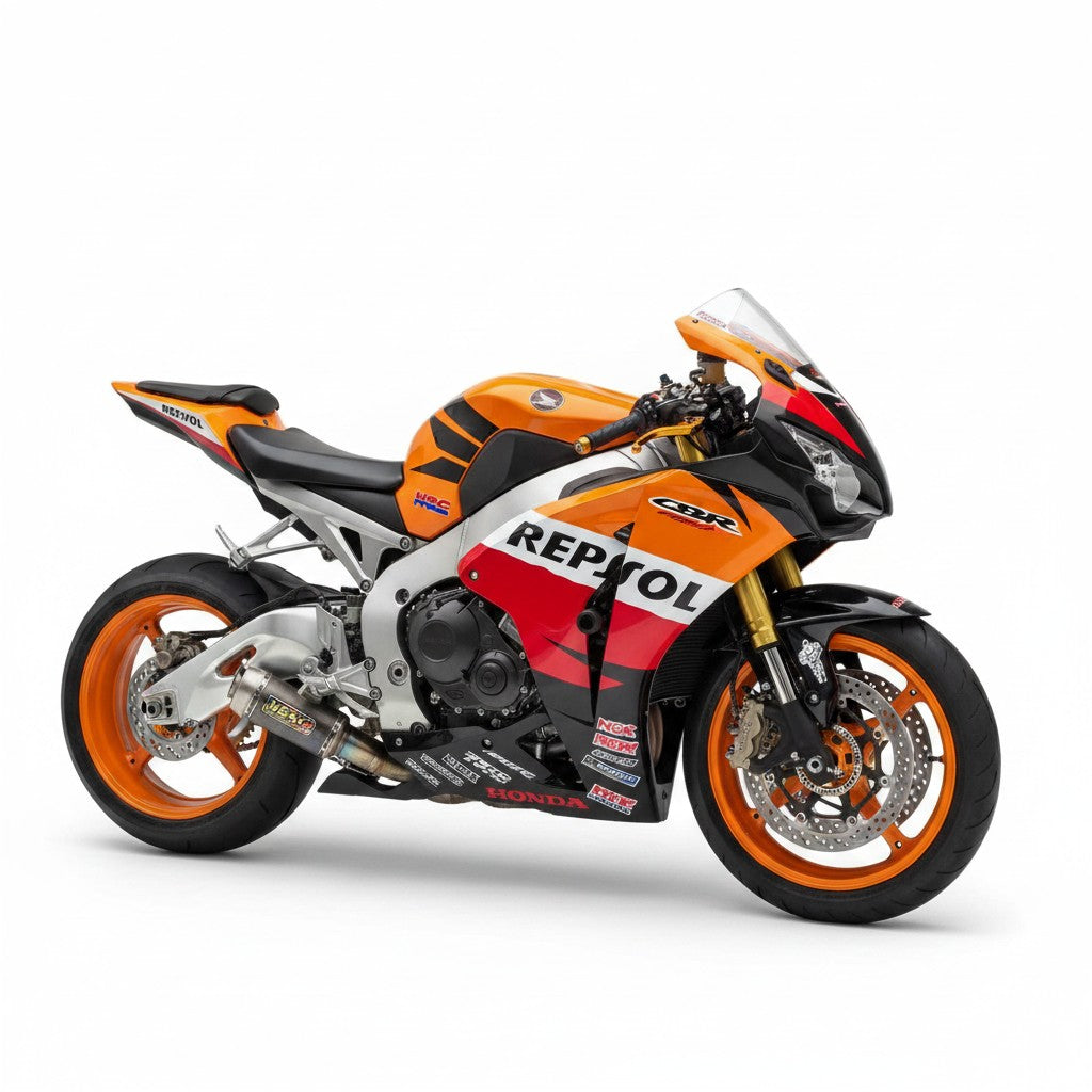 Ponteira esportiva RockStar Performance em aço inox instalada em moto Honda CBR 1000RR Repsol laranja e preta