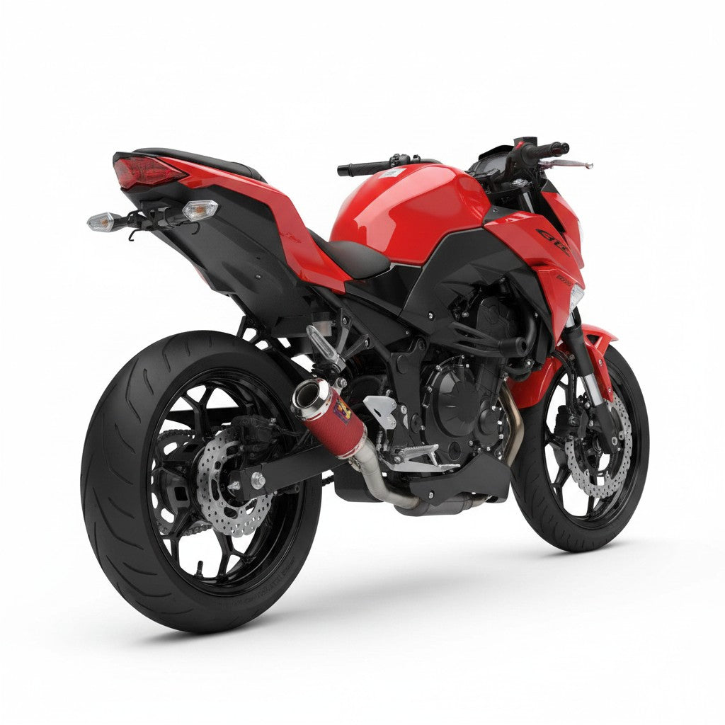 Ponteira esportiva RockStar Performance em aço inox instalada em uma moto Kawasaki Z300 vermelha