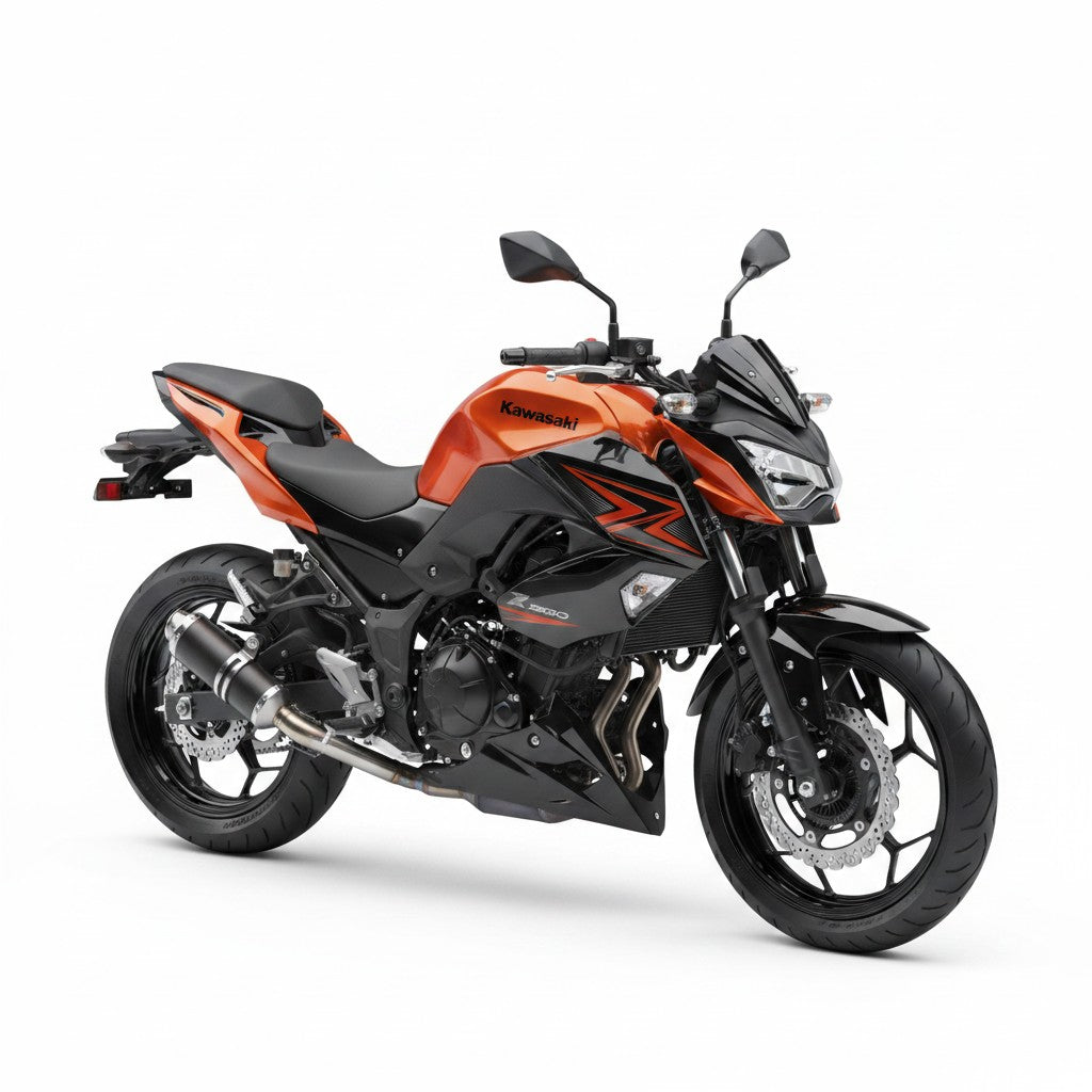 Ponteira esportiva RockStar Performance em aço inox para moto Kawasaki Z300 laranja e preta