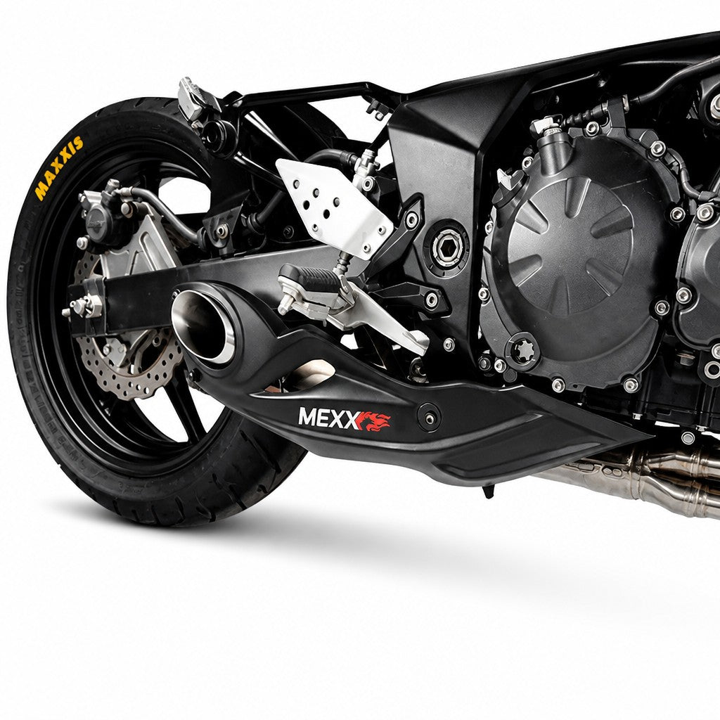 Ponteira esportiva RockStar Performance Mexx em aço inox instalada na lateral da moto Kawasaki Z-750