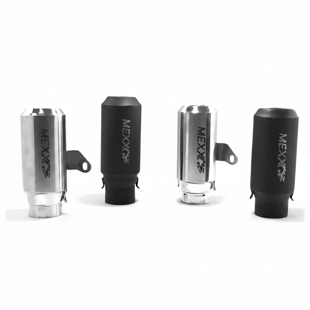 Ponteiras esportivas universais Mexx de 63mm em acabamento cromado e preto fosco da marca RockStar Performance