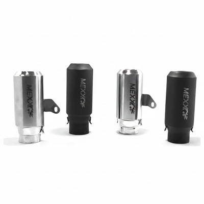 Ponteiras esportivas universais Mexx de 63mm em acabamento cromado e preto fosco da marca RockStar Performance