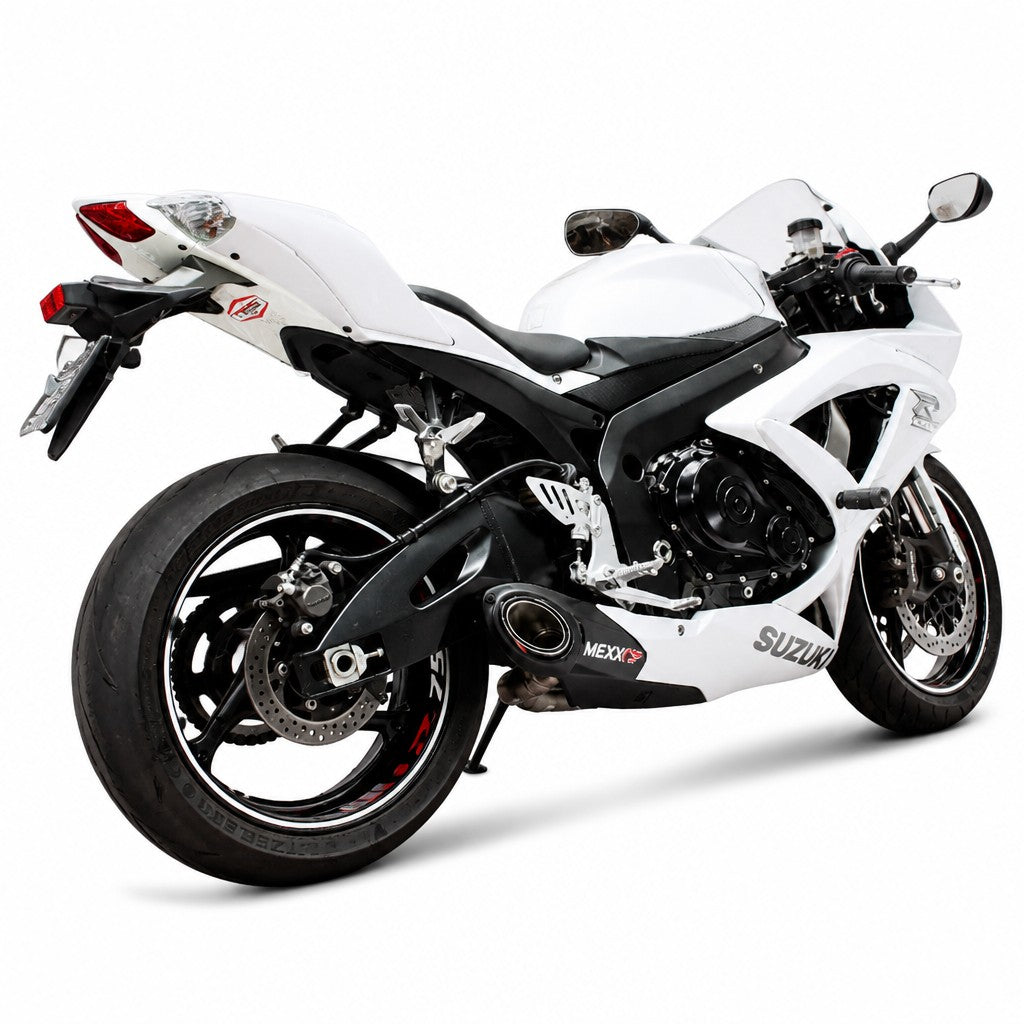 Ponteira esportiva Mexx Performance em aço inox instalada em moto branca Suzuki GSX-R Srad da RockStar Performance