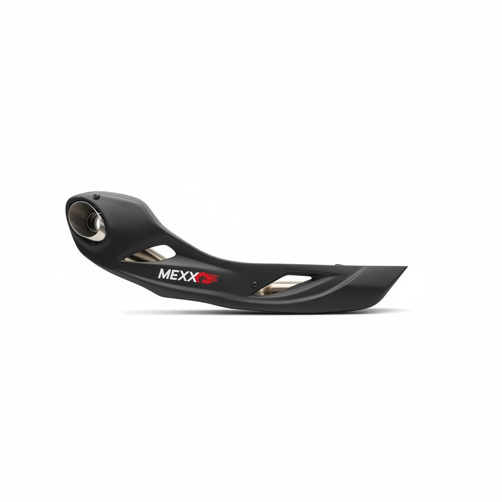Ponteira esportiva RockStar Performance para Yamaha MT-07 em aço inox preto com design aerodinâmico e logo Mexx