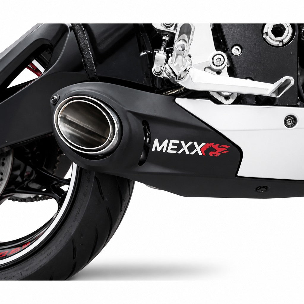 Ponteira esportiva RockStar Performance em aço inox para Suzuki GSX-R Srad com acabamento preto e logo Mexx